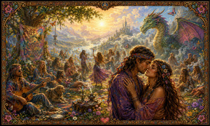 Beneath a great tree, a passionate couple embraces beside a sparkling mountain lake. Hippies play music, relax among flowers, and pass through curling smoke haze as a friendly dragon rests near the shoreline. Golden sunlight, butterflies, a painted sailboat, and the carved frame create a peaceful storybook celebration.