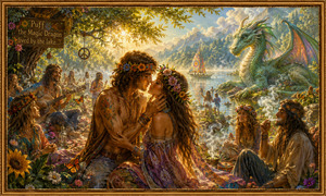 A romantic pair sits close at the center of a joyful meadow party filled with musicians, dancers, flowers, and swirling smoke. Behind them, a magnificent green dragon rises peacefully above the gathering. Rich bohemian fabrics, warm morning light, and an elaborate floral frame give the scene dreamy, magical energy.