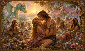 A passionate kiss becomes the centerpiece of a vivid fantasy festival at sunrise. Hippies gather beneath flowing drapes, sharing music, laughter, flowers, and smoky relaxation while a giant dragon observes from the glowing mountains. Ornate symbols, rich patterns, and the decorative frame amplify the scenes sensual, carefree spirit.