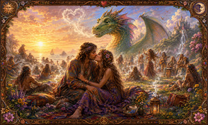 On a glowing coastal meadow, two lovers embrace while a sprawling hippie celebration unfolds around them. Musicians, dancers, incense smoke, flowers, and patterned blankets fill the landscape. A friendly dragon exhales a heart-shaped cloud above the crowd, while the ornate frame transforms the scene into a romantic fantasy keepsake.