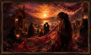 A mysterious woman stands among shadowed caravans as crimson fabric sweeps across the glowing camp. Lanterns, distant lovers, guarded strangers, and a molten sunset create an atmosphere of beauty, secrecy, and danger. Rich painted textures and an ornate bronze frame complete this dark romantic fantasy.