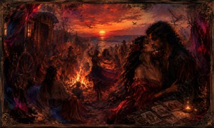 Beside a blazing campfire, musicians and dancers celebrate beneath a blood-red sunset while a passionate couple shares a forbidden moment. Tarot cards, velvet clothing, wagon wheels, and drifting smoke suggest fate, temptation, and survival within a richly painted world of romance and wandering mystery.