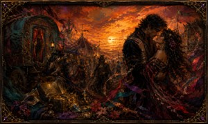 A traveling carnival glows beneath an amber sky as masked strangers gather around an ornate caravan and scattered treasure. In the foreground, two lovers embrace among ribbons, flowers, jewelry, and stolen riches. Deep jewel colors and decorative framing give the scene an extravagant, dangerous beauty.