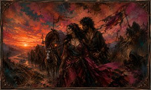 A guarded couple leads a caravan through a windswept valley beneath a blazing sunset. Horses, lantern-lit wagons, torn banners, and hooded figures suggest pursuit and uncertain loyalties. Flowing scarlet fabrics merge with expressive brushwork, creating a dramatic portrait of love, danger, and restless freedom.