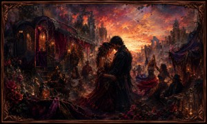 Within the remains of a forgotten city, musicians, dancers, travelers, and thieves gather around glowing caravans. A central couple holds one another beneath a fiery evening sky while roses, lanterns, velvet tents, and distant ruins surround them. The scene balances passionate romance with dark outlaw elegance.