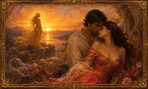 A devoted couple rests in a passionate embrace beneath a glowing sunset, while a radiant golden-haired woman watches from the distant landscape. Flowing ribbons, flowers, and molten light surround them, transforming jealousy and longing into a richly painted romantic fantasy framed with ornate antique gold.