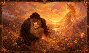 Two lovers cling together in a wildflower meadow as swirling hearts and ribbons rise through the sunset. Above them, an ethereal golden woman appears like an irresistible dream. Warm peach, crimson, and amber brushwork captures devotion threatened by beauty, temptation, and emotional uncertainty.