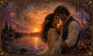 Beside a reflective sunset lake, a couple stands moments from a kiss, surrounded by roses and shadowed trees. A mysterious womans face emerges within the glowing clouds, silently haunting their intimacy. Deep violet shadows and burning orange light create a tender scene filled with romantic tension.