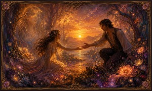 A woman and man reach toward one another across a glowing woodland stream, their hands almost touching. Behind them, a luminous feminine spirit watches through the trees. Magical flowers, drifting sparks, and sunset reflections symbolize fragile trust, pleading love, and the fear of separation.