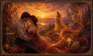 A couple embraces upon a sunset terrace while a distant golden woman stands along the horizon. A sorrowful female face and broken heart locket emerge from swirling crimson and gold abstractions. The scene blends passion, rivalry, vulnerability, and heartbreak within an elaborate romantic fantasy frame.