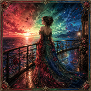 A solitary woman stands at the ships railing as a brilliant red, green, and blue twilight spreads across the ocean. Her richly embroidered gown mirrors the shifting sky, while rose petals drift through the air. Polished deck boards glow with reflected light inside an ornate floral frame.