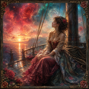 Seated beside the mast and coiled ropes, a graceful woman watches the sunset dissolve into teal mist and glowing rose-shaped clouds. Her layered crimson and green gown catches the warm light, while deep pencil shading adds texture and romance. The framed scene feels peaceful, hopeful, and dreamlike.