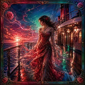 A windblown woman walks across the shining deck beneath a dramatic metallic twilight sky. Her deep red gown flows around her as luminous ribbons, roses, and petals spiral through the air. Reflections from the sunset, ship lanterns, and green-blue clouds transform the voyage into a vivid romantic fantasy.