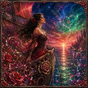 At the ornate bow of the ship, a confident woman faces the glowing horizon while roses, crystal petals, and heart-shaped light surround her. Red sails rise behind her against a metallic blue-green sky. The sunset reflects across the water, creating a passionate vision of beauty, endurance, and complicated love.