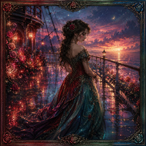 A thoughtful woman pauses on a rain-polished deck surrounded by glowing roses and warm ship lanterns. Her red, teal, and green gown trails behind her through shimmering reflections. Beyond the railing, the sunset meets a crescent moon, suggesting that romance may contain both tenderness and unexpected thorns.