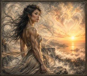 At sunrise, a powerful Asian woman stands at the cliffs edge, her toned form shaped through deep pencil shading. Wind carries her hair and flowing fabric across a glowing landscape, while heart-like clouds rise above the horizon, symbolizing enduring love, loyalty, and the quiet certainty of two souls remaining connected.