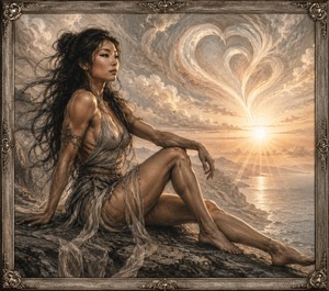 Resting calmly on the rocky ledge, the muscular woman watches the sun emerge over the sea. Her elegant cat-like eyes and poised expression reveal strength beneath tenderness. Swirling clouds form a luminous heart overhead, while detailed graphite textures and warm golden light create a romantic vision of lasting devotion.