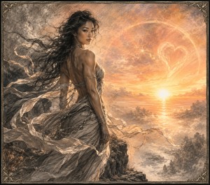 Turning toward the viewer, a windswept woman stands above mist-covered cliffs as sunrise ignites the sky. Her athletic shoulders, flowing gown, and feline gaze convey confidence and emotional resilience. A glowing heart appears within the clouds, capturing the timeless promise of love that survives distance, struggle, and changing years.
