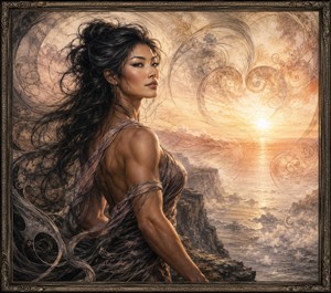 Framed by intricate abstract patterns, the toned woman gazes across the brilliant ocean horizon. Her cat-like features, sculpted arms, and flowing dark hair merge with deep pencil textures and delicate sunrise color. Spiraling designs surround the light, suggesting destiny, shared memories, and a romance strengthened by every challenge endured.