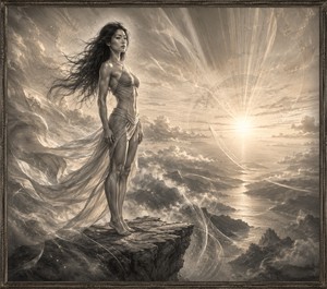 Standing tall upon a narrow cliff, the muscular woman faces a radiant new dawn. Her flowing garments and hair move through sweeping ribbons of light, while the monochrome pencil landscape emphasizes her strength and grace. The distant sunrise represents renewal, commitment, and the unwavering belief that true love still remains.