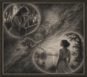 A praying teenage girl rests beside glowing church candles while time dissolves through murky pencil mist. Her quiet devotion transitions toward a distant woman beside the delta at dawn, surrounded by river light, magnolia memories, an old steamboat, and shadowed roads leading into an uncertain future.