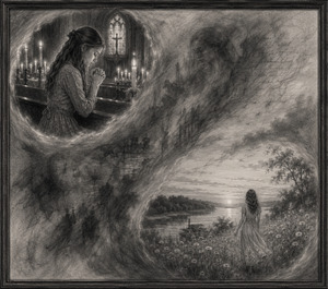 Candlelight surrounds a young girl praying inside a silent church, her feathered vignette fading into smoky memories, ghostly faces, and a weathered clock. Below, a solitary woman walks through wildflowers toward the delta river, where a pale sunrise and distant riverboat symbolize longing, lost youth, and enduring hope.