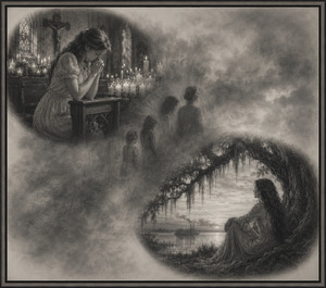 A solemn girl kneels at a candlelit church bench as hazy figures emerge through the graphite clouds, suggesting childhood passing into womanhood. Beneath a moss-covered tree, an older woman watches the riverboat cross the glowing horizon, carrying memories, unanswered prayers, and the haunting promise of another Delta dawn.