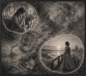 Prayer, memory, and destiny merge within this deeply shaded pencil vision. A teenage girl bows among church candles while clocks, rosary beads, photographs, magnolias, and fading faces drift through murky smoke. At dawn, a lonely woman stands upon a wooden bridge, waiting beside the quiet delta waters.
