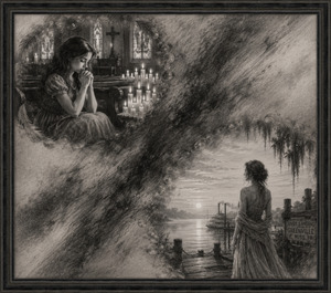 Two feathered worlds are joined by a bold diagonal sweep of dark, murky graphite. Above, a teenage girl prays beside dozens of candles inside an old church. Below, a mysterious woman waits at a Mississippi river landing, watching the sunrise and steamboat while lost dreams quietly return.