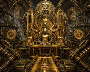 A silent mechanical ruler sits within an immense golden control chamber, surrounded by watchful faces, spiral gears, clocks, pistons, and polished worm drives. Every component appears connected to an unseen intelligence. Brilliant gold reflections contrast with drifting smoke, creating an imposing vision of power, obedience, and industrial control.