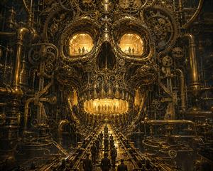 A colossal skull formed from gears, pipes, clockworks, and glowing machinery consumes the factory wall. Small human figures move along a narrow metallic path toward its illuminated mouth, becoming insignificant parts of the system. Golden light pours through its eyes, suggesting a machine that observes, processes, and ultimately absorbs everyone.