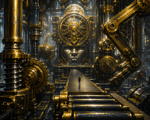 A lone figure stands upon a massive conveyor leading toward a monumental mechanical face. Giant worm gears, rotating clock mechanisms, articulated arms, and right-angle assemblies surround the pathway. Cold steel and blazing gold create a controlled industrial landscape where the human appears powerless before the scale, precision, and authority of the machine.