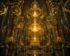 Towering gear-covered columns rise through a magnificent mechanical cathedral, surrounding a radiant clockwork core. Robed figures gather beneath the machinery as though attending a sacred industrial ceremony. Spiraling drives, interlocking wheels, and polished golden structures transform engineering into religion, presenting the machine as both creator, ruler, and object of devotion.