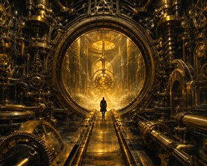 A solitary figure approaches an enormous circular gateway opening into a glowing mechanical universe. Gold gears, worm drives, shafts, pipes, and clockwork mechanisms frame the entrance with extreme precision. Beyond the portal, a suspended rotating core waits within golden haze, inviting the traveler deeper into an intelligent and inescapable industrial dream.