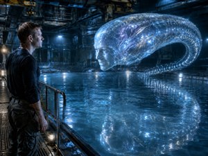 A lone observer stands beside a dark industrial pool, facing a hovering, translucent water entity shaped into his own reflected face. Its long serpentine tail curves back into the water as blue-white highlights shimmer through the transparent form. Moody machinery, wet metal, rippling reflections, and cinematic lighting create an eerie, intelligent encounter.