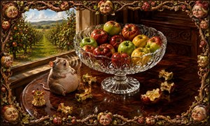 A mischievous, plump mouse celebrates an orchard feast, nibbling apples and releasing a comical vaporous burp. Sunlit crystal sparkles over polished rosewood, surrounded by colorful fruit and scattered cores. Beyond the window, endless apple rows glow. A whimsical shrunken-apple-face frame completes this richly detailed, storybook delight for art lovers everywhere.