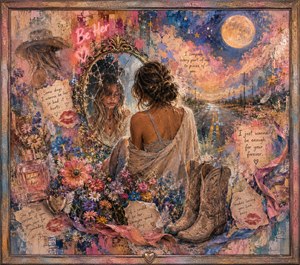 An introspective woman faces a cracked antique mirror beneath a glowing moon, surrounded by wildflowers, cowboy boots, perfume, feathers, ribbons, lipstick marks, and handwritten confessions. Bright pinks, blues, golds, and peach tones blend into a richly textured country-romance collage, while hazy edges and an ornate frame evoke fading memories.