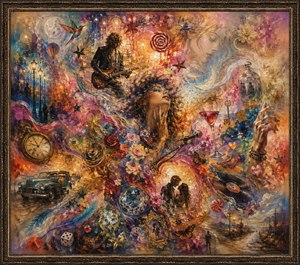 A vibrant rock-and-roll dreamscape surrounds a radiant woman and shadowed guitarist. Roses, stars, candy swirls, clocks, records, butterflies, dice, a vintage car, and glowing glassware tumble through richly textured color. Soft feathered edges dissolve like distant memories, while an ornate bronze frame completes the emotional, nostalgic composition.