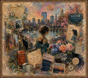 A radiant dreamscape of enduring love unfolds beneath golden clouds, glowing hearts, stars, birds, flowers, ribbons, and distant mountains. A couple embraces beside shimmering water, surrounded by photographs, letters, instruments, and treasured keepsakes. Feathered edges and an ornate frame make the richly textured scene feel like a cherished memory.