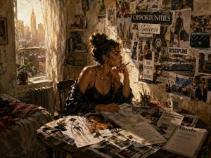 Golden morning light fills a modest apartment where a determined young woman studies a wall covered with dreams of fashion, wealth, travel, and success. Surrounded by sketches, magazines, and handwritten plans, she quietly imagines a brighter future, turning ambition into a personal blueprint for opportunity.