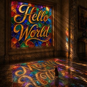 Golden sunlight pours through an ornate stained-glass window reading Hello World, casting mirrored jewel-colored script across the polished marble floor. In the glowing reflection, a tiny mouse pauses upright, captivated by the radiant glasswork. Rich architecture, warm shadows, and sparkling soldered fragments create a magical, handcrafted, museum-like scene of wonder.
