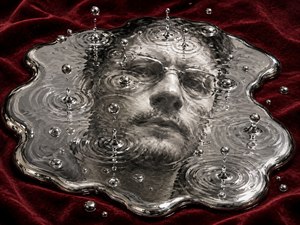 Silvery mercury spreads across a dark textured surface, forming an irregular mirror that captures a grayscale face beneath its gleaming skin. Falling metallic droplets strike everywhere, producing chaotic overlapping ripples that bend the glasses, eyes, nose, and expression. Painterly highlights and distorted reflections create a haunting, surreal atmosphere of motion.