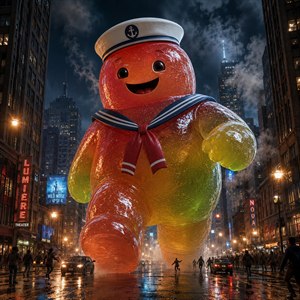 A colossal translucent gummy sailor strides through a rain-soaked city at night, glowing with vivid red, orange, yellow, and green tones. His glossy candy surface reflects neon lights and streetlamps, while wet pavement mirrors his enormous form. Steam, skyscrapers, fleeing pedestrians, and tiny cars emphasize the dramatic cinematic scale.