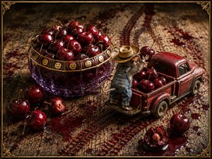 Caught mid-heist, the mouse balances on the red trucks tailgate while lifting another cherry into the half-filled bed. The jeweled purple bowl glows beside him, overflowing with fresh fruit. Wet tire marks curve through smashed cherries and sticky juice, suggesting this secret harvest has happened many times before.