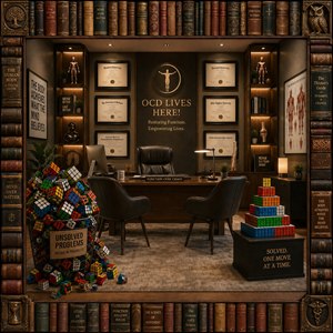 Step into a brilliant therapy office where focus becomes progress! Antique book bindings frame diplomas, anatomy art, warm wood, and bold Rubiks cube symbolism. Unsolved problems transform into solved victories, one move at a time. This inspiring space celebrates recovery, function, confidence, and unstoppable breakthroughs with style, heart, and purpose!