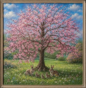 A vibrant blossom tree fills the scene with clouds of pink petals against a bright blue sky and deep green meadow. The dense black and white pearl frame adds dramatic shine, elegance, and playful luxury. It feels like spring wrapped in jewelry, cheerful, romantic, and wonderfully eye catching.