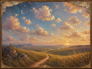 A winding path crosses sunlit prairie grasses toward distant plateaus beneath a magnificent sky of glowing fluffy clouds. A crescent moon, subtle spirals, wildflowers, and warm evening light give the landscape a gentle otherworldly rhythm. The sculpted cloud-and-gold frame completes this blissful ambient journey.