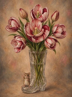 A painterly bouquet of red-and-cream striped tulips blooms gracefully from a clear glass boot-shaped vase, half-filled with water and refracted stems. Detailed petals reveal golden pistils among lush green leaves. On the boot toe, a tiny mouse stands upright, smiling at the viewer and waving comically in warm studio light.