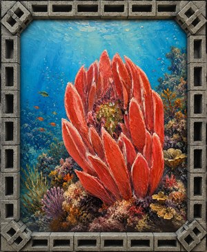 This bright coral reef painting feels full of life and joy! A glowing red coral blossom rises through clear blue water, surrounded by bubbles, tiny fish, and colorful reef detail. The creative cinder block frame adds bold contrast, making the artwork look unique, playful, strong, and ready to shine on display.