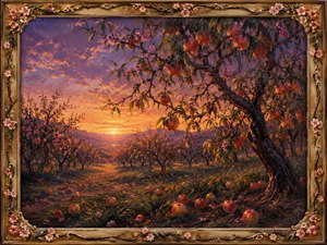 A glowing sunset settles over a quiet peach orchard, bathing the trees, blossoms, and fallen fruit in shades of orange, violet, and rose. Twisting branches frame the distant hills while warm light travels through the grove. The blossom-decorated frame completes this peaceful, romantic vision of harvest evening.